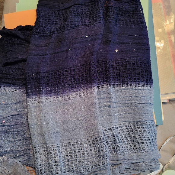 Two-Tone Blue Knit Lightweight Wrap with Crystals & Fringe, One Size - Picture 3 of 3